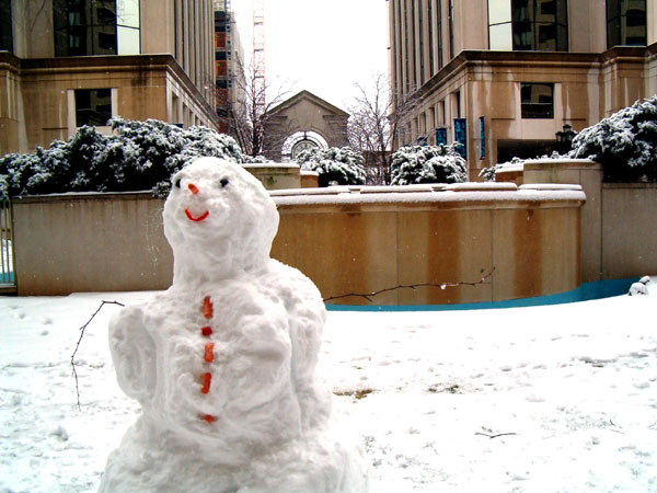 Snowman in front of our apartment building.