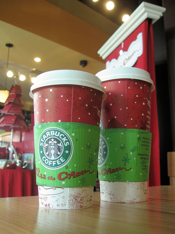 Holiday cups at Starbucks.