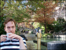 Drinking coffee at the Riverwalk in San Antonios on the first day in San Antonios.