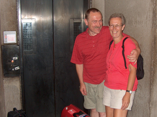 Jaap and Mieke at the elevator.