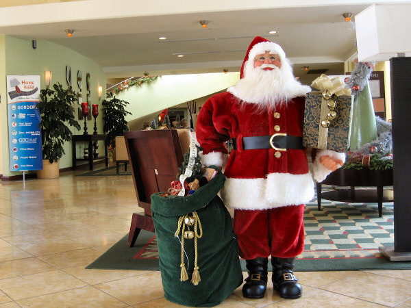 Santa Claus in the lobby of the hotel.