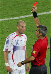 Zidane gets a red card after an headbutt on Materazzi.