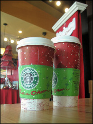 Holiday cups at Starbucks.