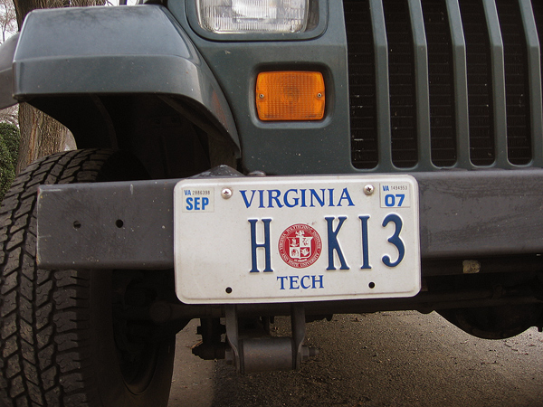 Car with a hokie license plate.